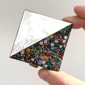 RARE Schildkraut Rhinestone Genuine Mother of Pearl 80's Gold T Mirrored Compact